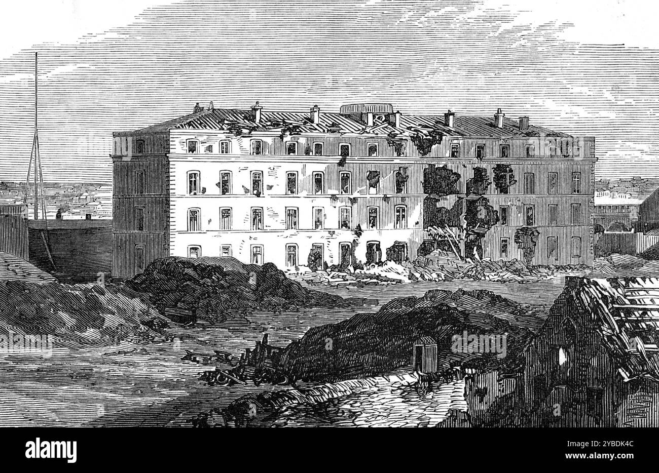 Les ruines autour de Paris : caserne, Fort Vanves, 1871. Gravure d'un croquis «...réalisé immédiatement après la fin du siège prussien, alors que ces positions venaient d'être abandonnées par les troupes françaises engagées dans la défense de Paris contre l'ennemi étranger, et avant qu'elles ne soient occupées par les forces républicaines rouges ou communistes ». Tiré de "Illustrated London News", 1871. Banque D'Images