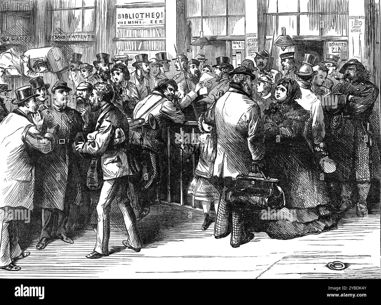 La guerre civile à Paris : fugitifs à la gare du Nord, 1871. Conflit civil provoquant '...le départ précipité d'un grand nombre de visiteurs et d'habitants, des gens calmes et respectables, que notre illustration montre à la gare pour se rendre à Calais ou Boulogne, mais obligés de se soumettre à un examen jaloux avant de commencer'. Tiré de "Illustrated London News", 1871 Banque D'Images