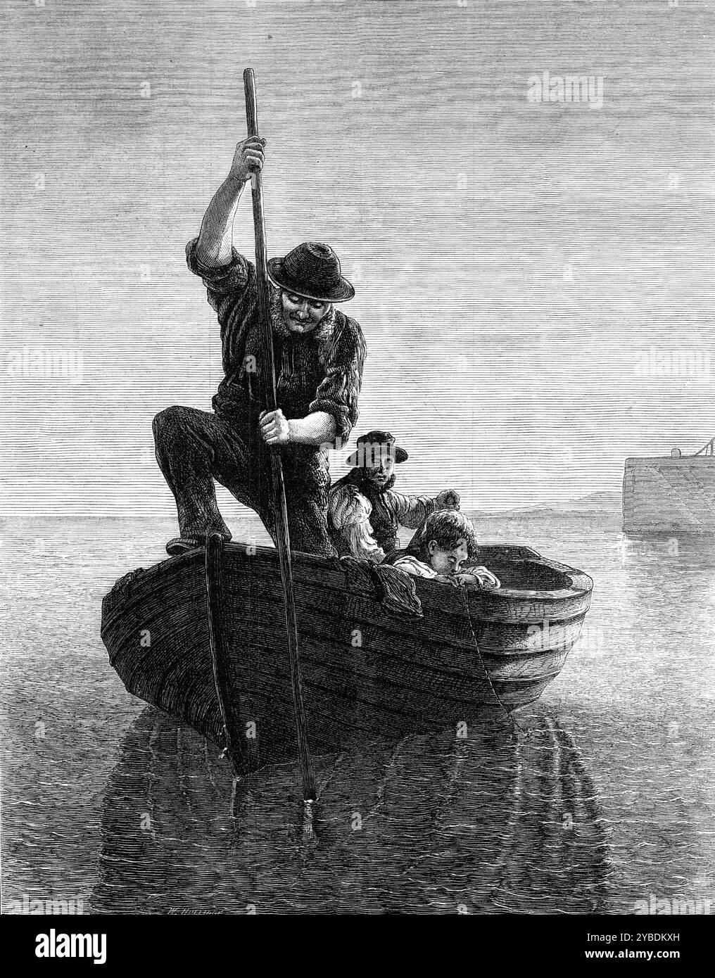 "Spearing Flounders", par H. MacCallum, 1871. [Ceux] connaissant les caractéristiques et les habitudes de la tribu des poissons plats ou des flet... comprendront plus facilement qu'il faut un œil pointu et une main ferme pour capturer le poisson par le mode montré dans ce dessin, qui a été pris, sans doute, d'une partie de la côte écossaise. La nature... a merveilleusement bien adapté ces poissons à leurs habitudes. Ils sont dépourvus d'une vessie d'air, et ils restent donc généralement au fond de la mer, d'où ils s'élèvent rarement loin ; tandis que la forme aplatie de leur corps... et le pla Banque D'Images