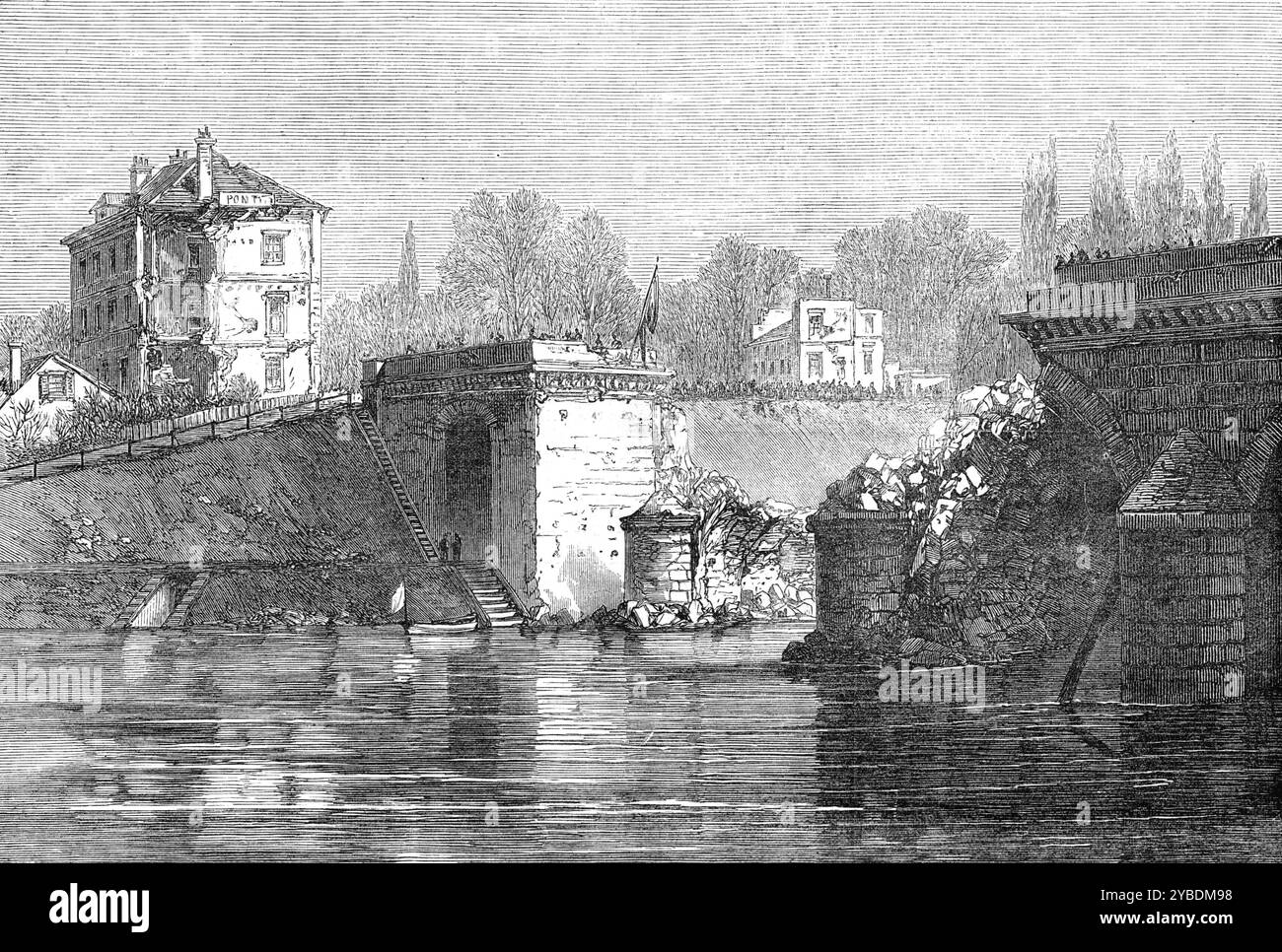 Le pont de Sèvres, [France], 1871. Guerre franco-prussienne. « Le pont de Sèvres, avec le parc adjacent de constitué Cloud, a été visité par de nombreuses personnes du quartier général prussien, désireuses de voir les effets qui avaient été produits par l'artillerie française sur ces positions, formant dernièrement les postes avancés de l'armée allemande. La fabrique de porcelaine de Sèvres avait été transformée en forteresse complète, avec des murs en boucle, des bastions et des remparts, et un fossé, et chaque chemin, ruelle, ou chemin, vers la rive de la Seine, a été barricadée contre un assaut. Quantités de plaques et de tiges de fer Banque D'Images