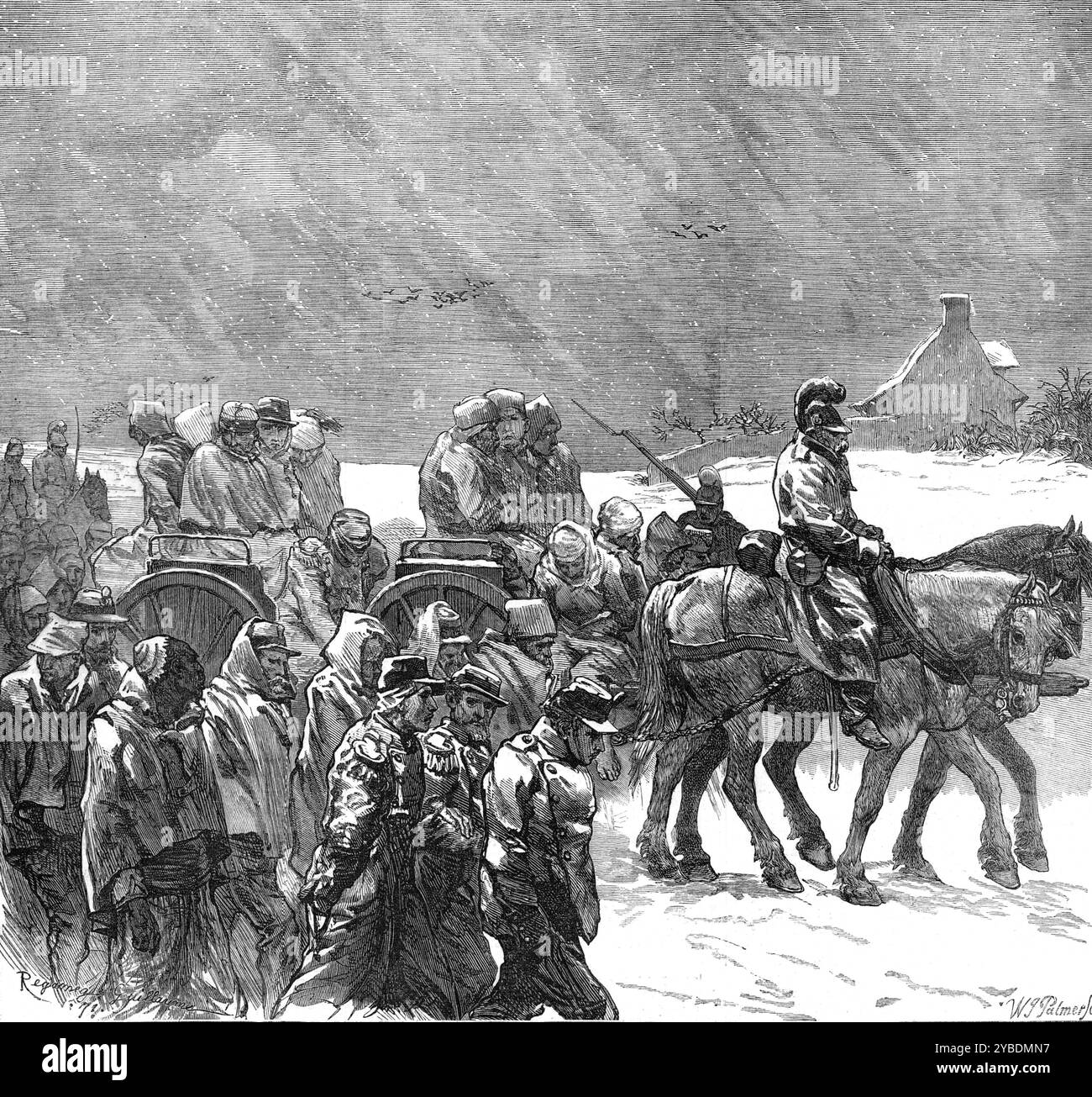 Prisonniers français sur la route entre Etampes et Orléans, 1871. La guerre franco-prussienne. « Notre artiste spécial contribue au croquis d'un groupe de prisonniers de guerre français rencontrés par lui le long de la route entre Etampes et Orléans, qu'il a trouvé dans une situation des plus misérables, à moitié affamés, épuisés par la fatigue, et très peu vêtus... la victoire remportée par le Grand-Duc de Mecklembourg la semaine dernière, mettant fin à une série de conflits obstinés le long de la route du Mans et sur les rives de la Huisne, semble avoir été la rivière. Le nombre de prisonniers français pris dans les combats à partir du 6e t Banque D'Images