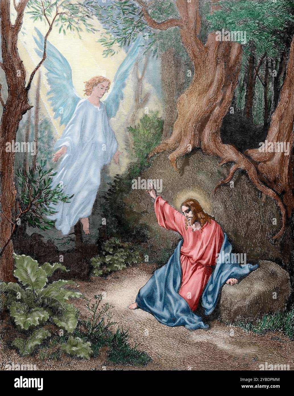 Jésus sur le Mont des oliviers, XIXe siècle. Scène biblique, Chapitre XXII, Évangile de Luc, Nouveau Testament. Ange apparaissant à Jésus. Gravure de Pannemaker d'après un dessin de Gustave Dore. (Impression colorée en noir et blanc). Banque D'Images