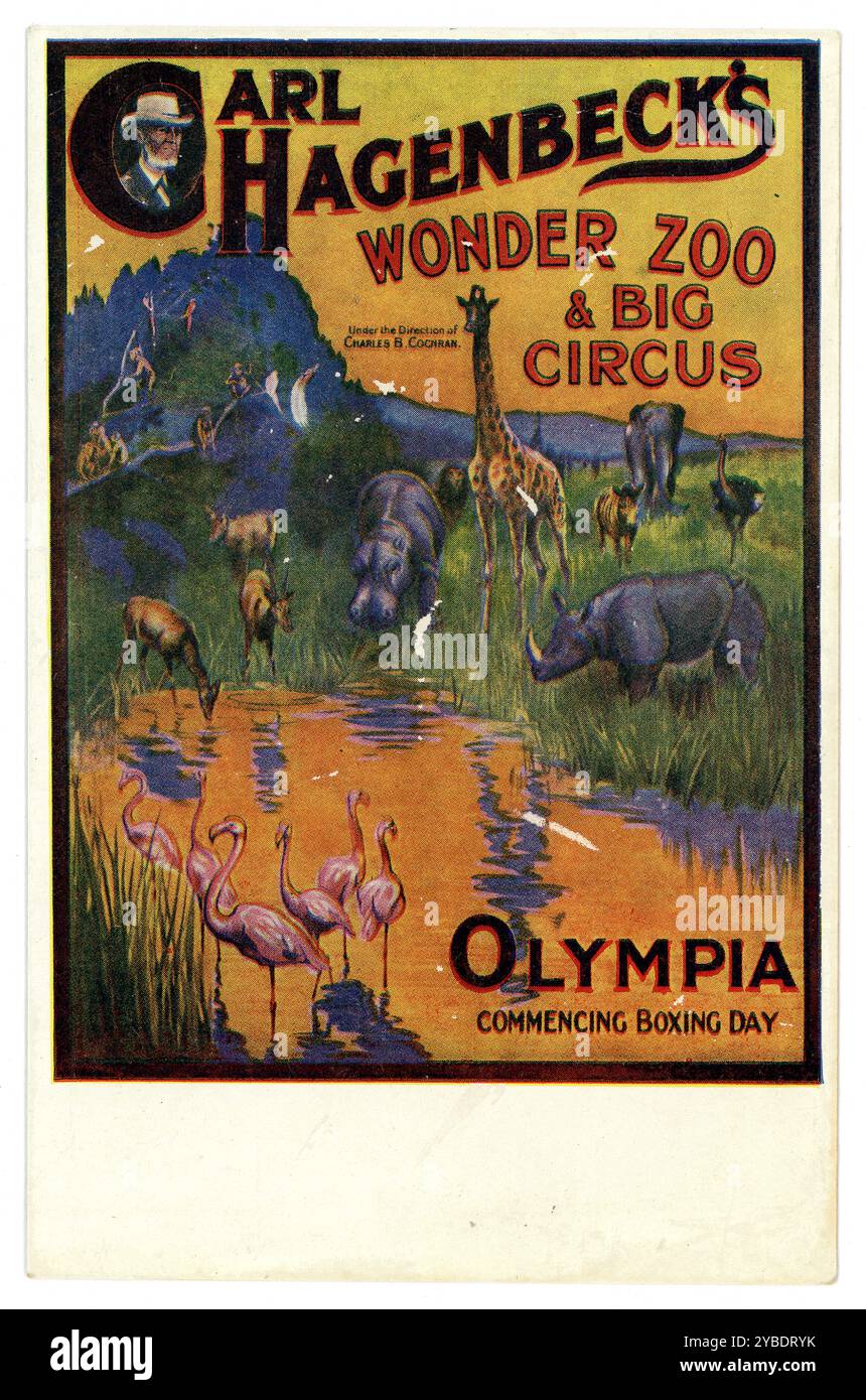 Original de la publicité de l'ère WW1 carte postale couleur illustrée Carl Hagenbeck's Wonder Zoo and Circus, commençant le Boxing Day, Olympia, Londres, le 26 décembre 1913. Banque D'Images