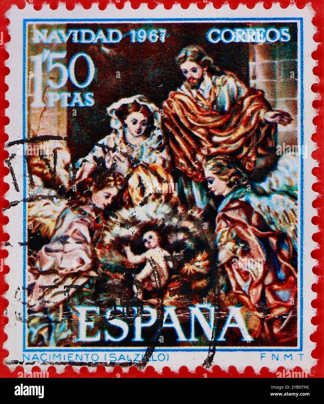 Photo d'un timbre postal de 1,50 pesetas espagnoles représentant la scène de la Nativité du sculpteur baroque Francisco Salzillo Noël 1967 Banque D'Images