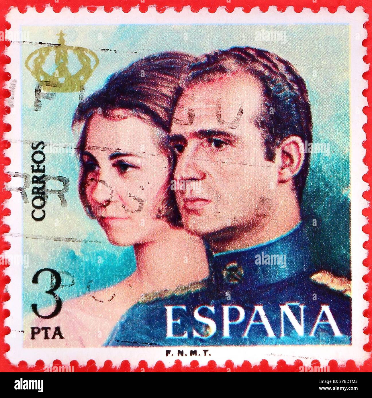 Photo d'un timbre-poste espagnol à 1975 pesetas représentant une image du roi Juan Carlos I et de la reine Sofia Proclamation de la série Juan Carlos I. Banque D'Images