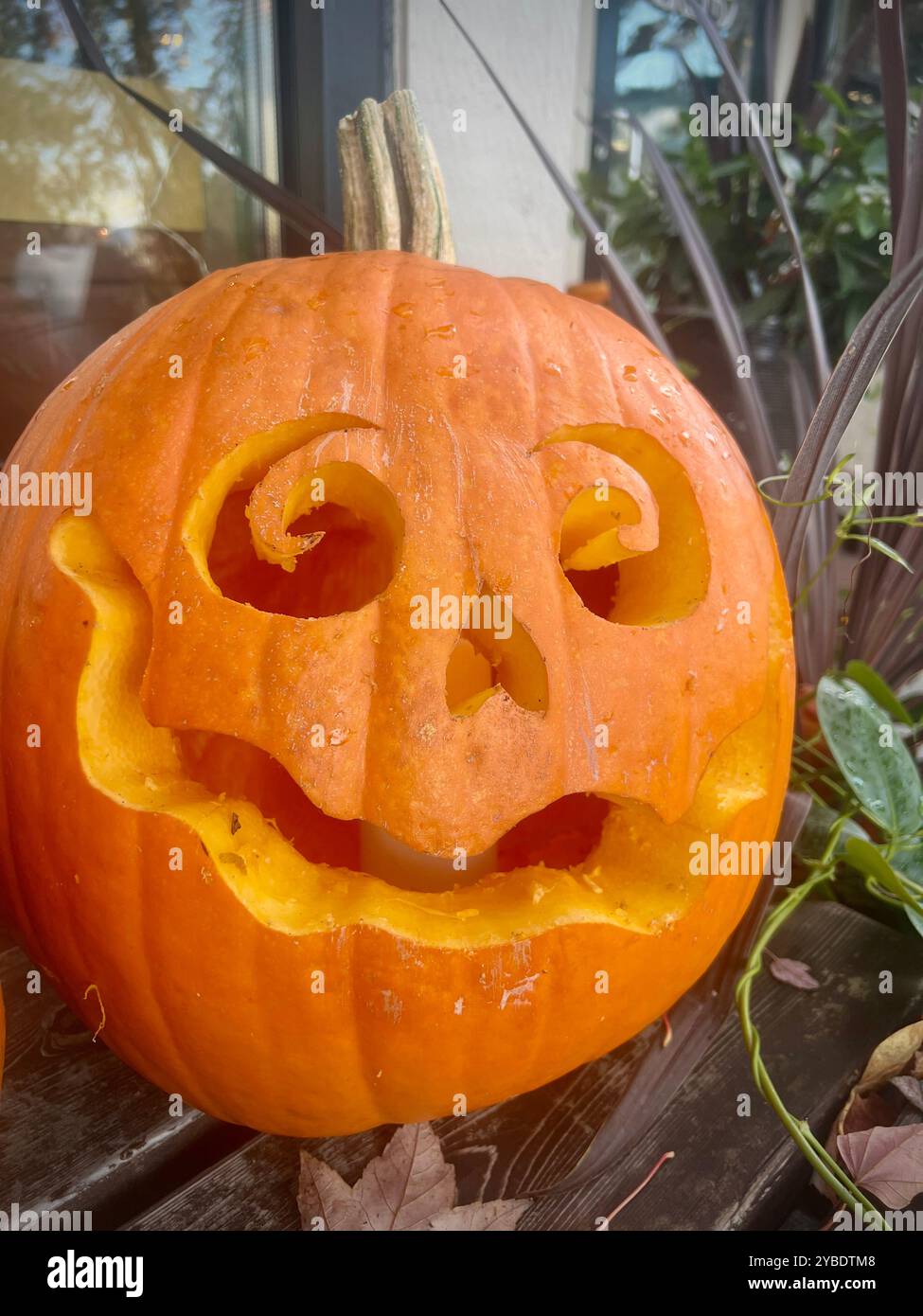 Un jack-o'-lanterne fantaisiste avec des yeux en spirale et un visage souriant, sculpté dans une citrouille orange vif, ajoute une touche ludique aux décorations d'Halloween - Image de stock capturée avec un smartphone