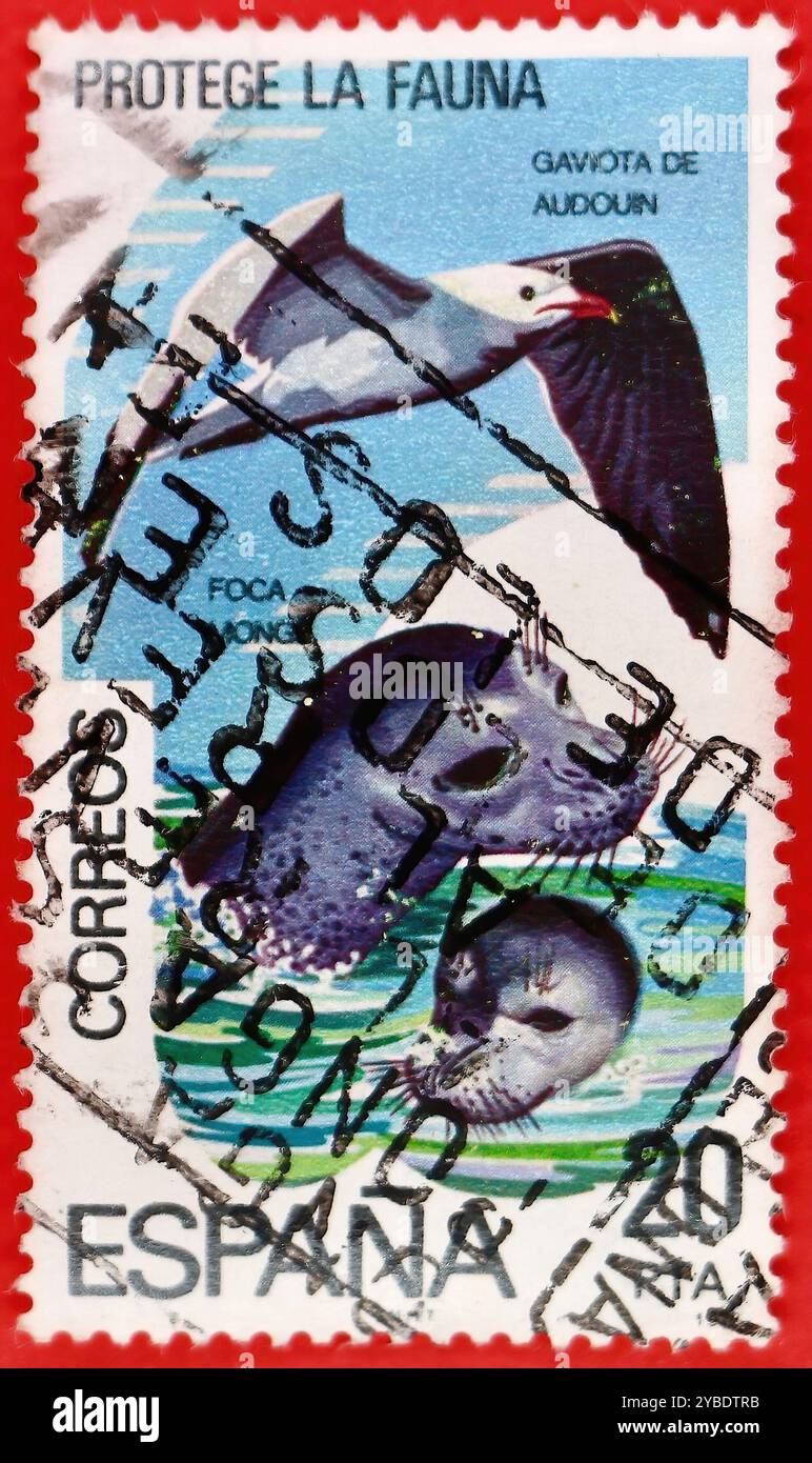 Photo d'un timbre-poste de 20 pesetas espagnoles avec une mouette et des phoques illustration conservation de la faune de la série 1978 conservation de la nature Banque D'Images