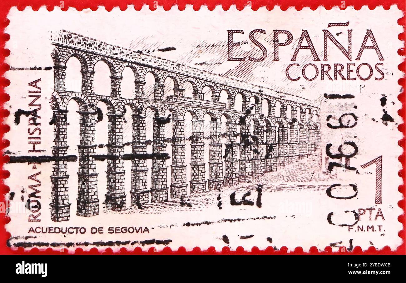 Photo d'un timbre-poste à 1 peseta espagnole avec une illustration de l'aqueduc romain de Ségovie de la série romaine Hispania de 1974 Banque D'Images