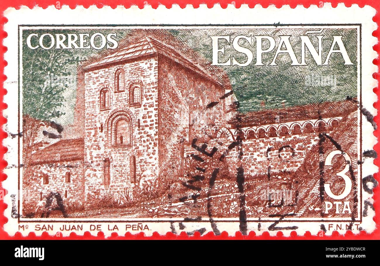 Photo d'un timbre-poste espagnol de 3 pesetas Monastère de San Juan de la Peña Monastères série 1975 Banque D'Images