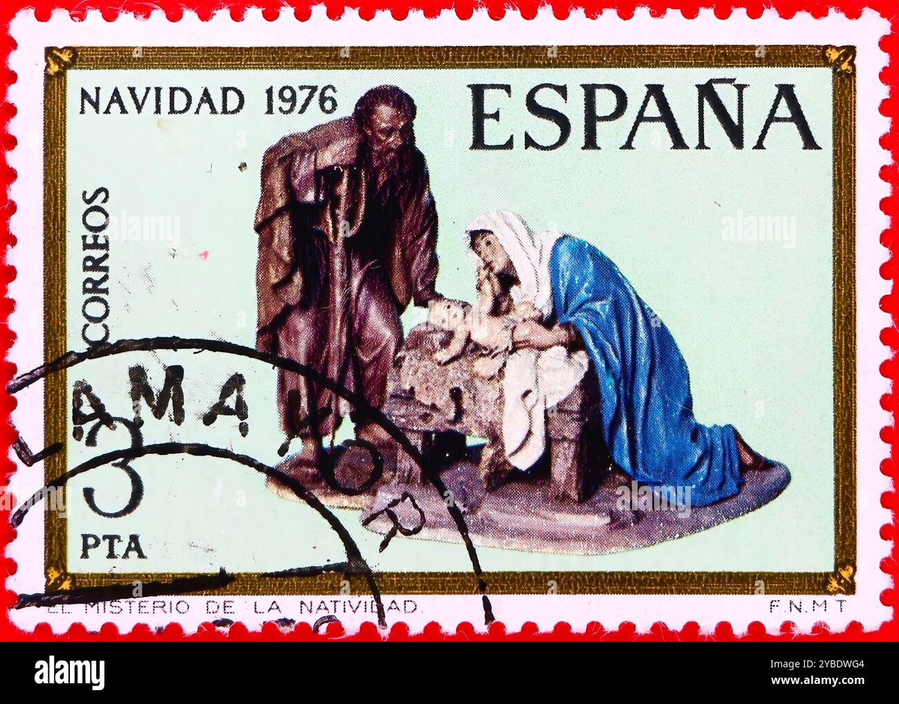 Photo d'un timbre postal à 3 pesetas espagnoles le mystère de la Nativité Noël série 1976 Banque D'Images