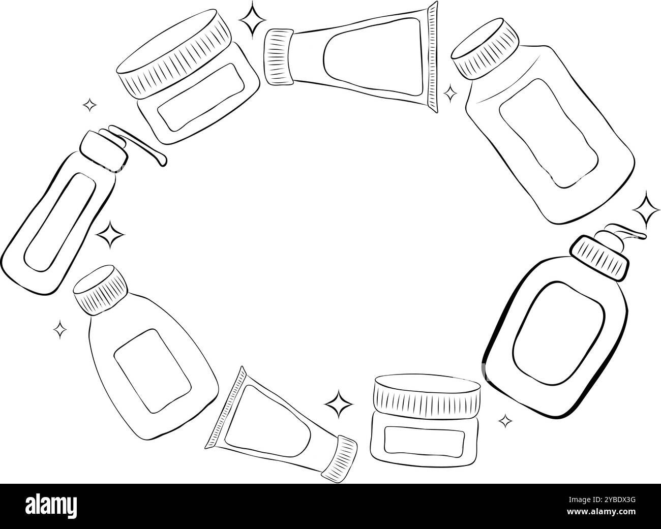 Pots cosmétiques, bouteilles dans un cadre ovale. Illustration de ligne dessinée à la main avec graphique à l'encre noire et blanche. Couronne vectorielle modèle rond Illustration de Vecteur