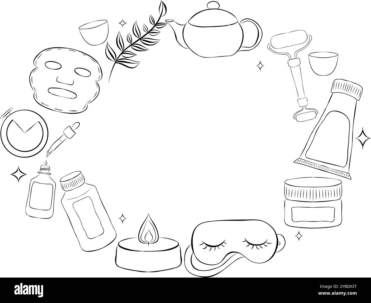 Masque de produits de soins de la peau, mousse nettoyante, sérum, hydratant, crème pour les yeux, crème de nuit, bougie, thé, tasse si modèle vectoriel de cadre ovale de style de ligne Illustration de Vecteur