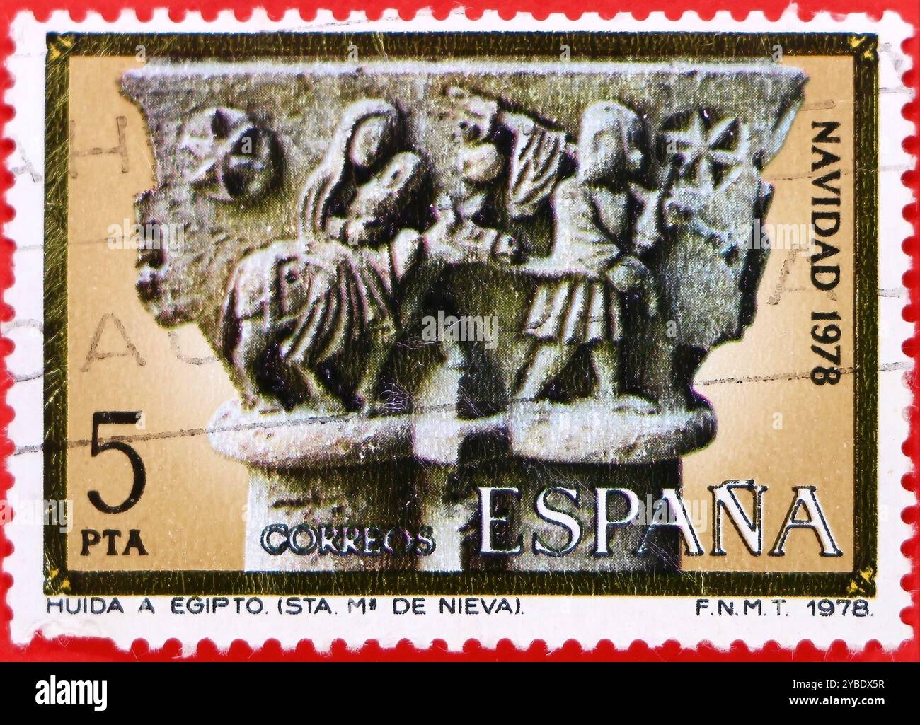 Photo d'un timbre postal de Noël de 5 pesetas espagnoles de 1978 Capitales de Santa Maria de Nieve vol en Egypte Banque D'Images
