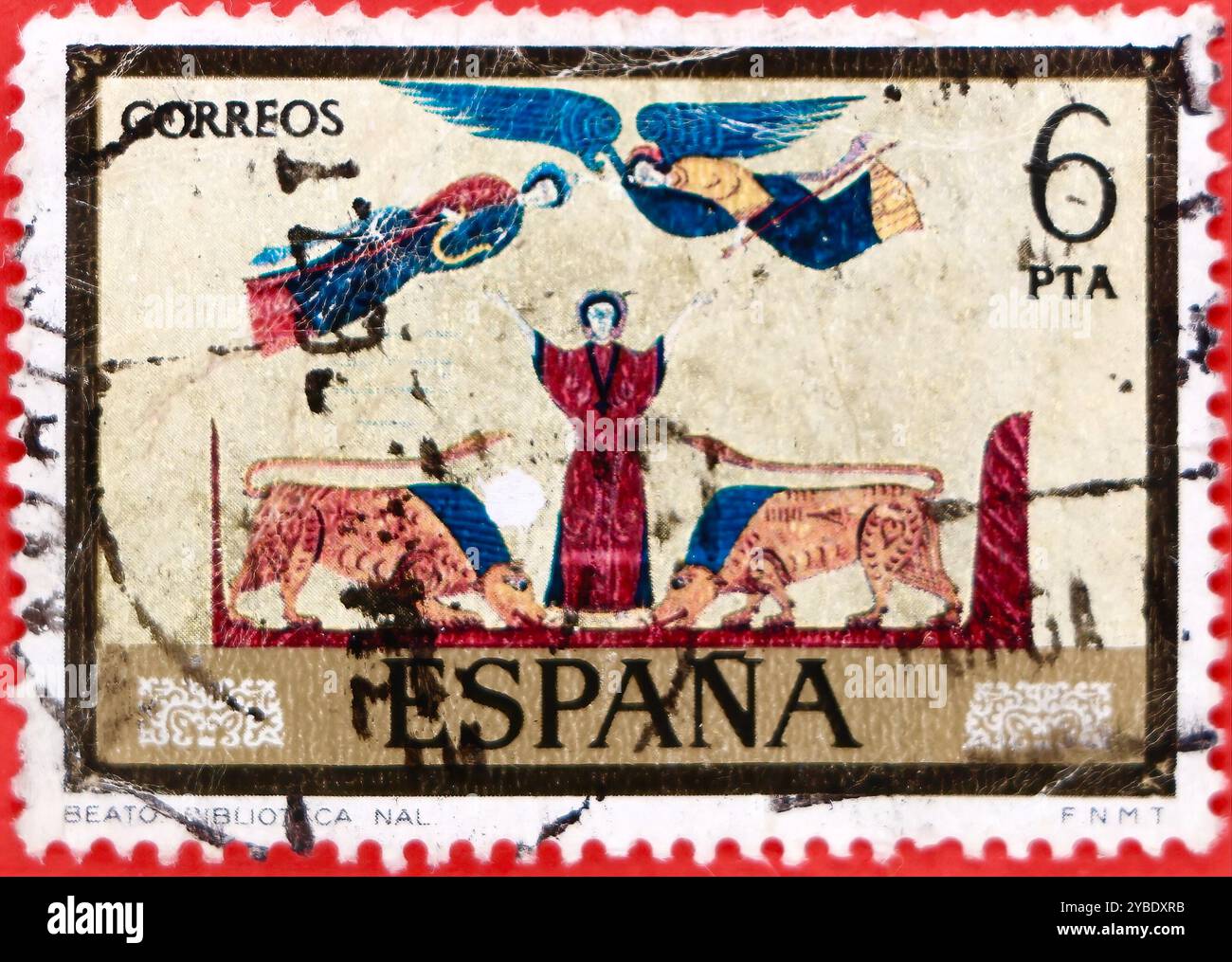 Photo d'un timbre-poste espagnol à 6 pesetas représentant une illustration d'un codex de Daniel avec les Lions millénaires de la cathédrale de Gérone série 1975 Banque D'Images