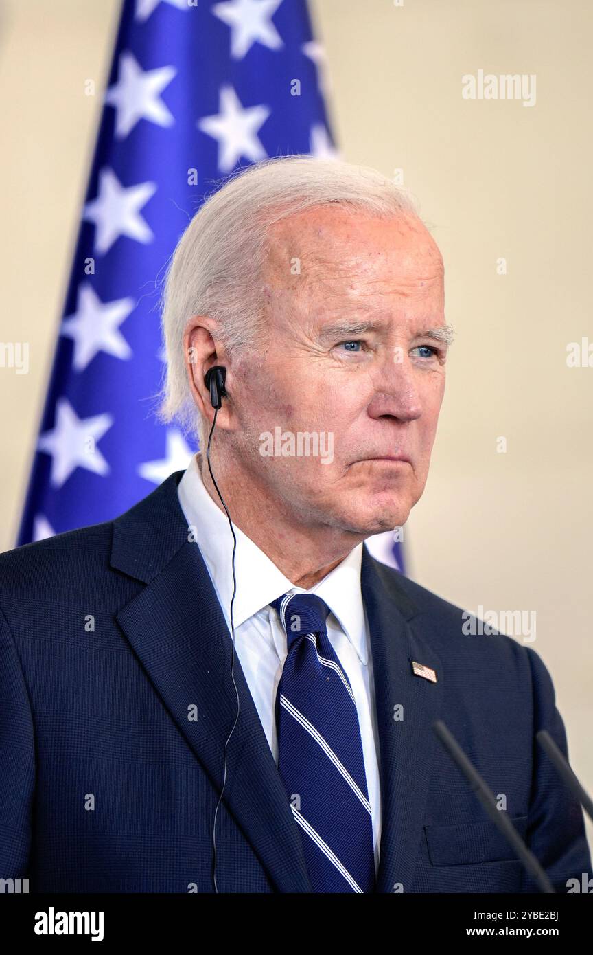 Joe Biden beim Pressestatement nach dem bilateralen Gespräch des amerikanischen Präsidenten mit dem Bundeskanzler im Bundeskanzleramt. Berlin, 18.10.2024 Banque D'Images