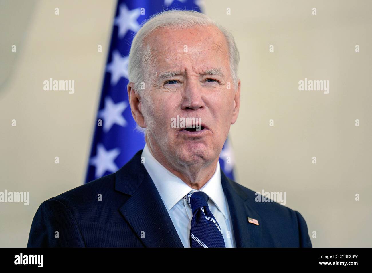 Joe Biden beim Pressestatement nach dem bilateralen Gespräch des amerikanischen Präsidenten mit dem Bundeskanzler im Bundeskanzleramt. Berlin, 18.10.2024 Banque D'Images