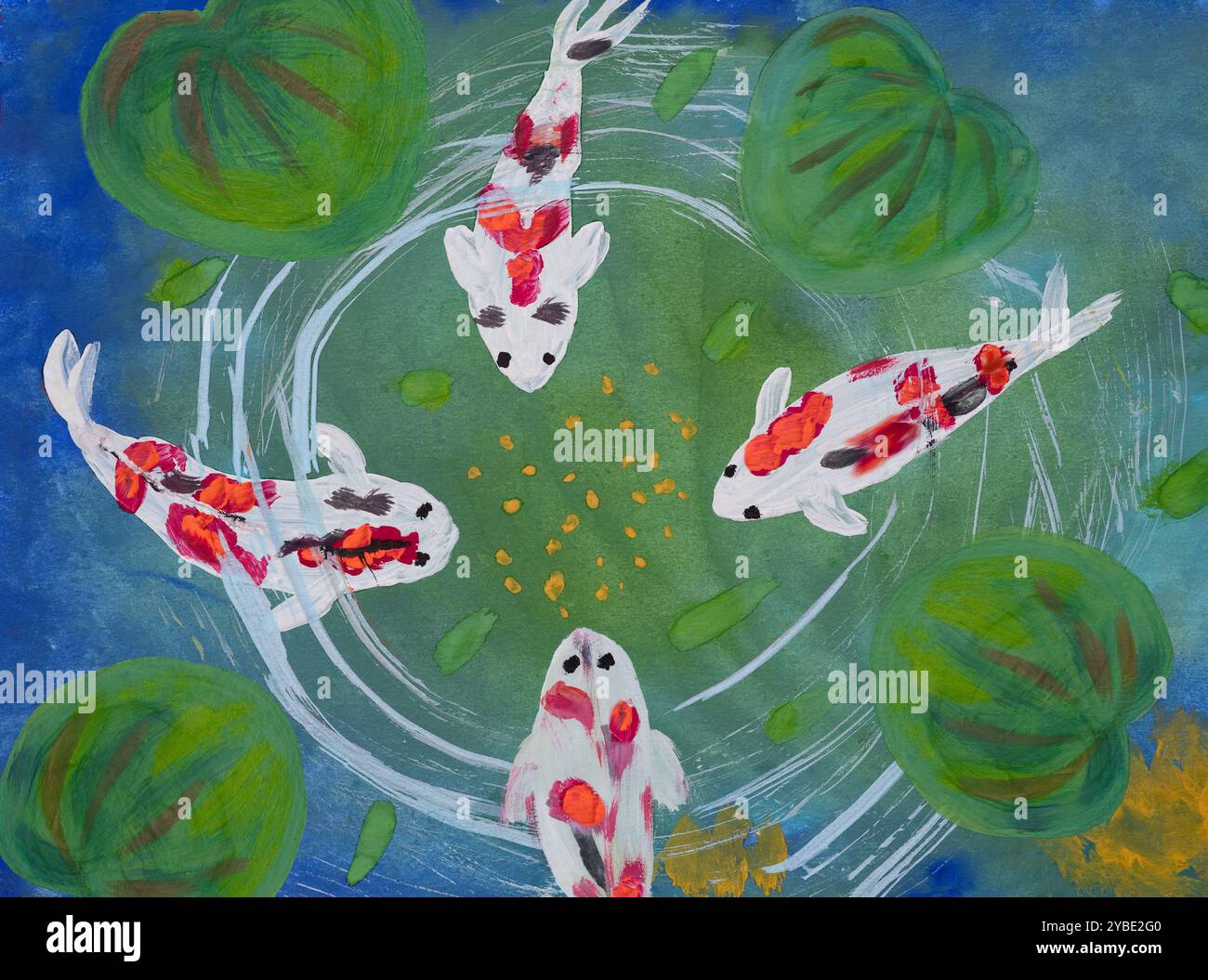 Quatre carpes Koi dans l'étang. Dessin de peinture pour enfant Banque D'Images