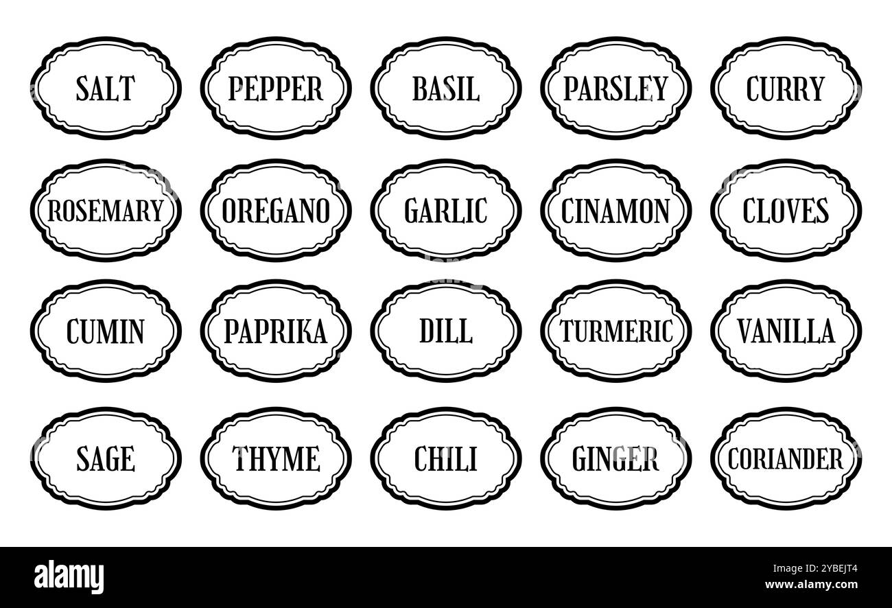 Ensemble classique ou traditionnel de collection d'emblèmes d'étiquettes d'assaisonnement aux épices noires et blanches Illustration de Vecteur