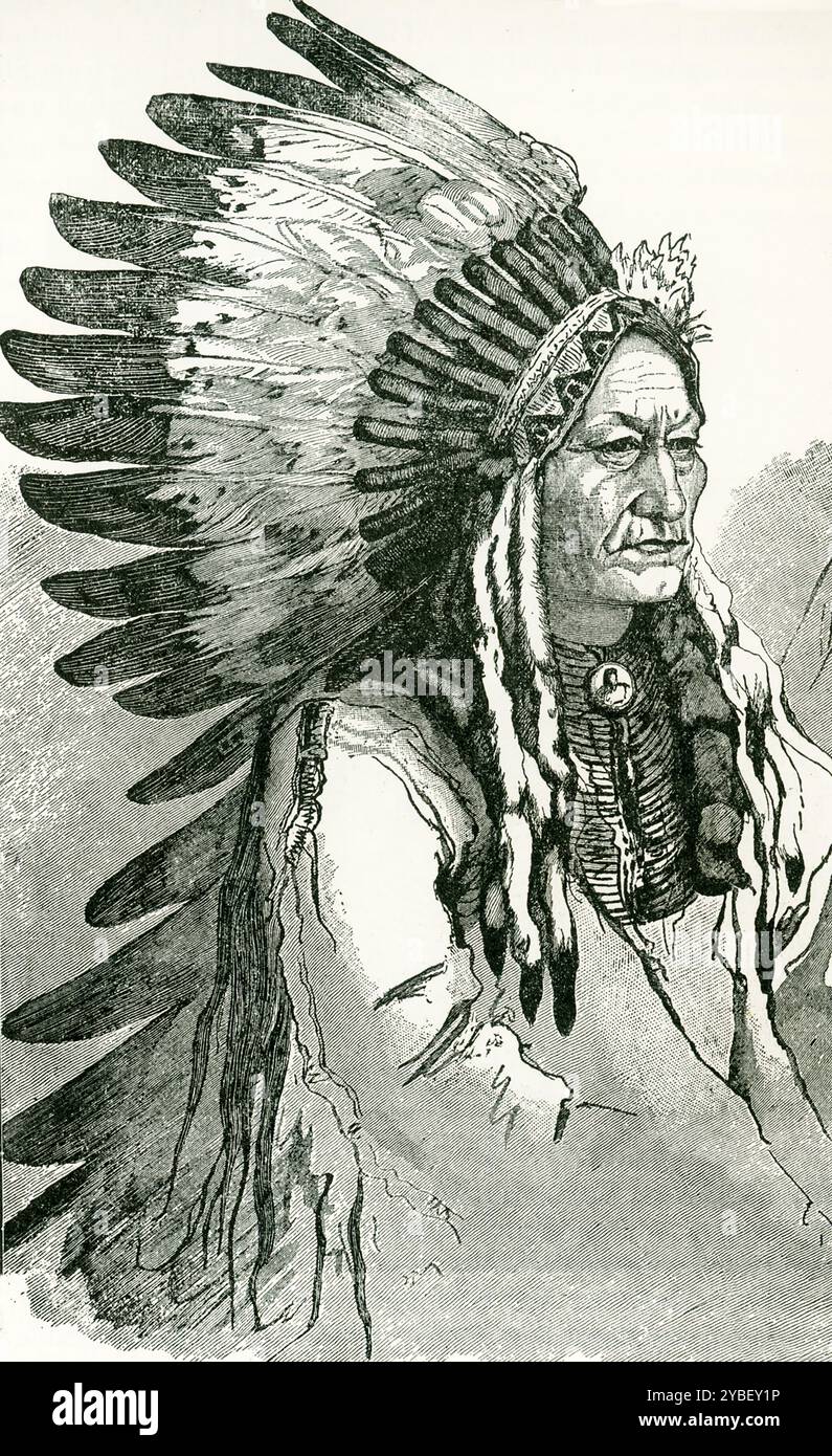 Cette illustration montre Sitting Bull dans sa robe de guerre. Sit Bull était le chef politique et spirituel des guerriers Sioux qui ont détruit la force du général George Armstrong Custer dans la célèbre bataille de Little Big Horn. Des années plus tard, il rejoint l'émission Wild West de Buffalo Bill Cody. La bataille de Little Bighorn, qui se déroule le 25 juin 1876, près de la rivière Little Bighorn dans le territoire du Montana, oppose les troupes fédérales dirigées par le lieutenant-colonel George Armstrong Custer (1839-76) à une bande de guerriers Lakota Sioux et Cheyennes. Banque D'Images Cette illustration montre Sitting Bull dans sa robe de guerre. Sit Bull était le chef politique et spirituel des guerriers Sioux qui ont détruit la force du général George Armstrong Custer dans la célèbre bataille de Little Big Horn. Des années plus tard, il rejoint l'émission Wild West de Buffalo Bill Cody. La bataille de Little Bighorn, qui se déroule le 25 juin 1876, près de la rivière Little Bighorn dans le territoire du Montana, oppose les troupes fédérales dirigées par le lieutenant-colonel George Armstrong Custer (1839-76) à une bande de guerriers Lakota Sioux et Cheyennes. Banque D'Images