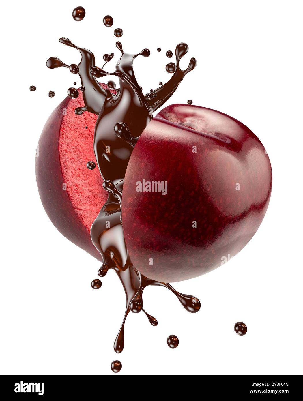 cerise douce en éclaboussure de chocolat isolé sur un fond blanc. Banque D'Images