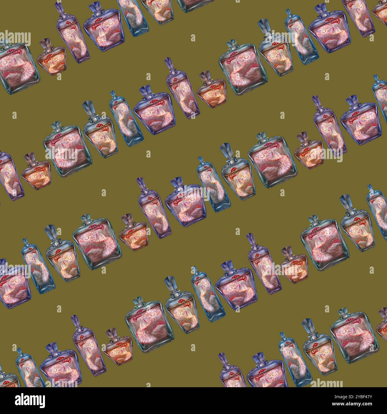 Modèle sans couture d'une bouteille vintage en verre avec une boisson et des champignons agariques toxiques à la mouche. Modèle d'illustration d'aquarelle pour potion magique, boissons, Banque D'Images