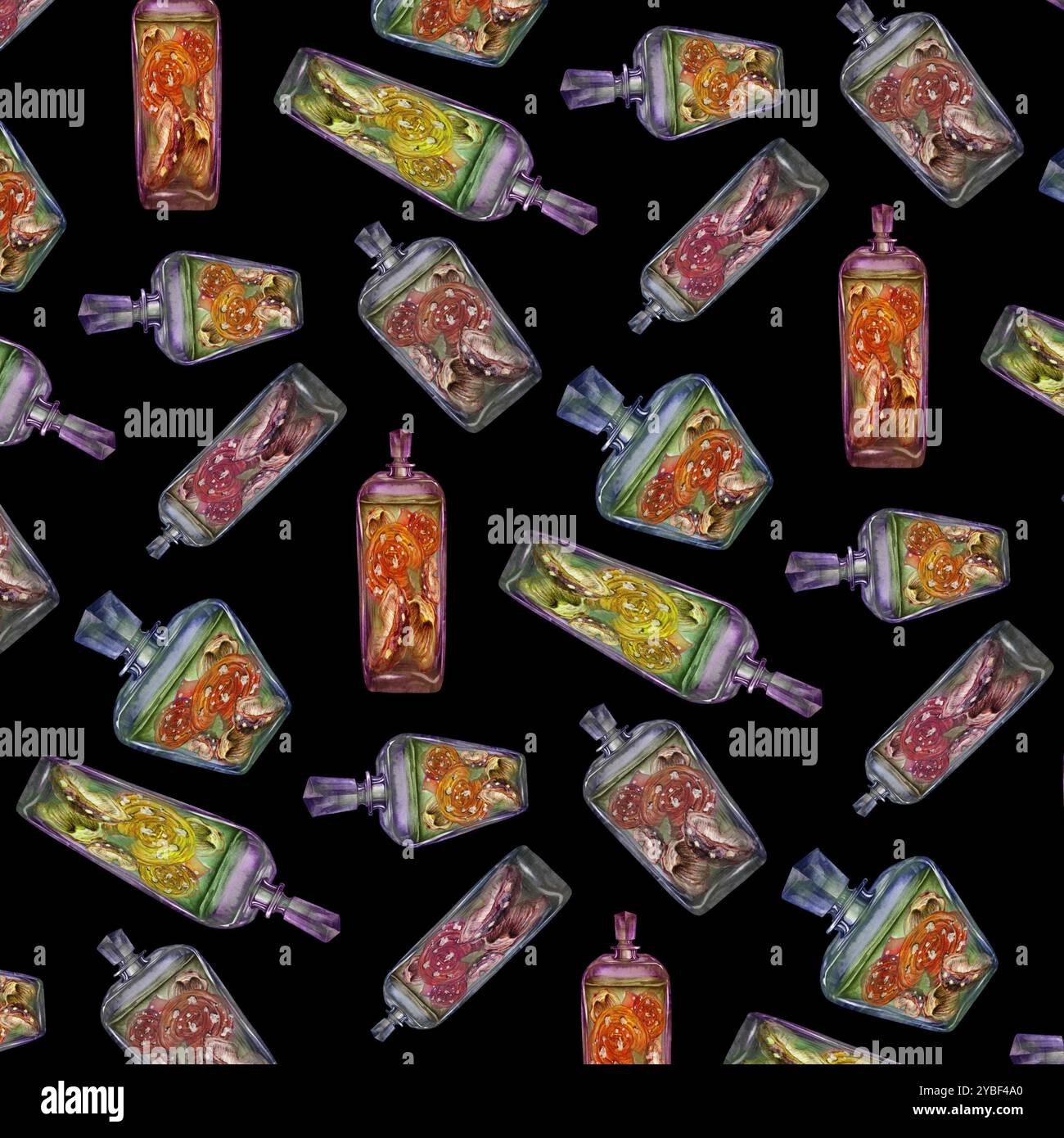 Modèle sans couture d'une bouteille vintage en verre avec une boisson et des champignons agariques toxiques à la mouche. Modèle d'illustration d'aquarelle pour potion magique, boissons, Banque D'Images