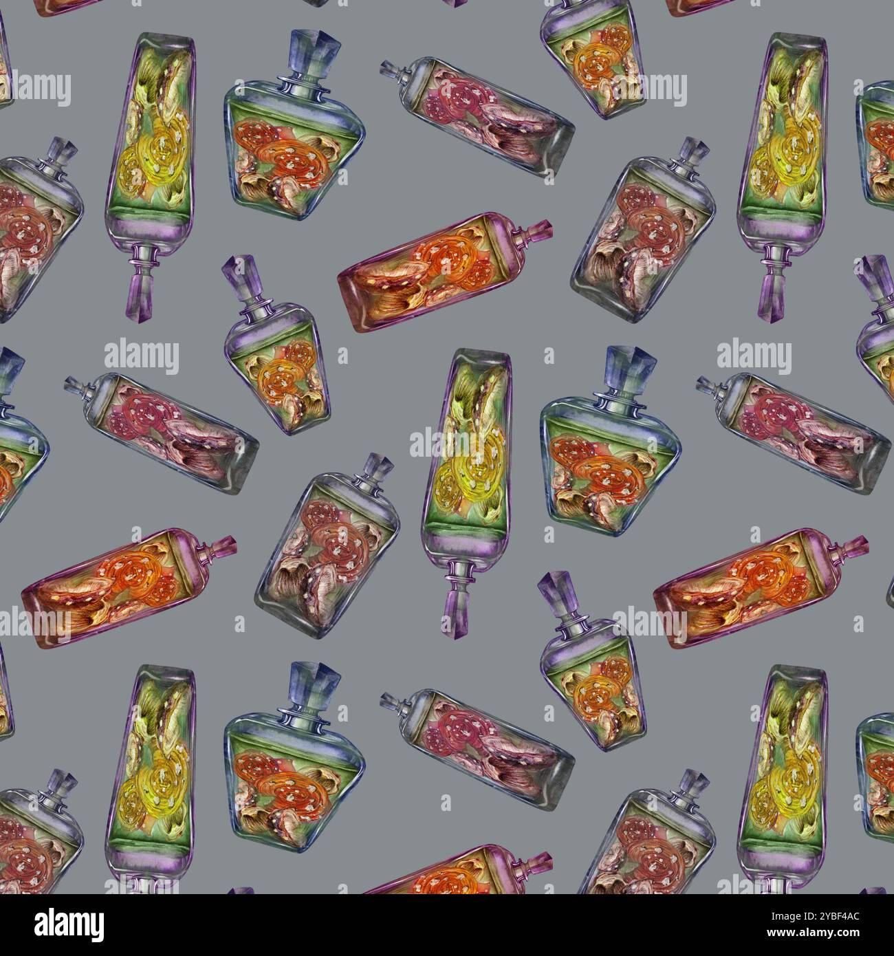 Modèle sans couture d'une bouteille vintage en verre avec une boisson et des champignons agariques toxiques à la mouche. Modèle d'illustration d'aquarelle pour potion magique, boissons, Banque D'Images