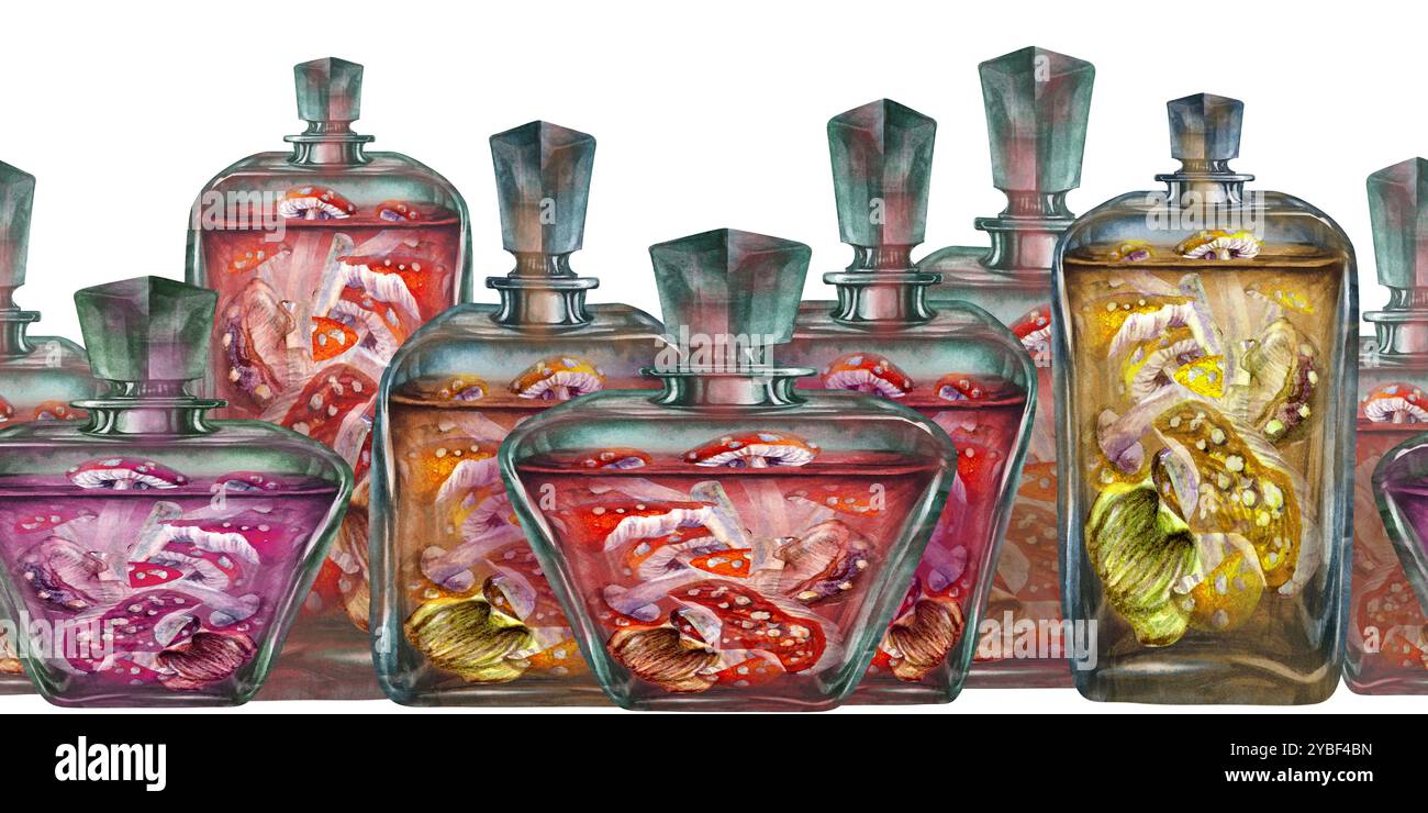 Bordure sans couture de bouteille vintage en verre avec des agarics de mouche de champignons liquides et toxiques. Modèle d'illustration d'aquarelle pour potion magique, alchimie Banque D'Images