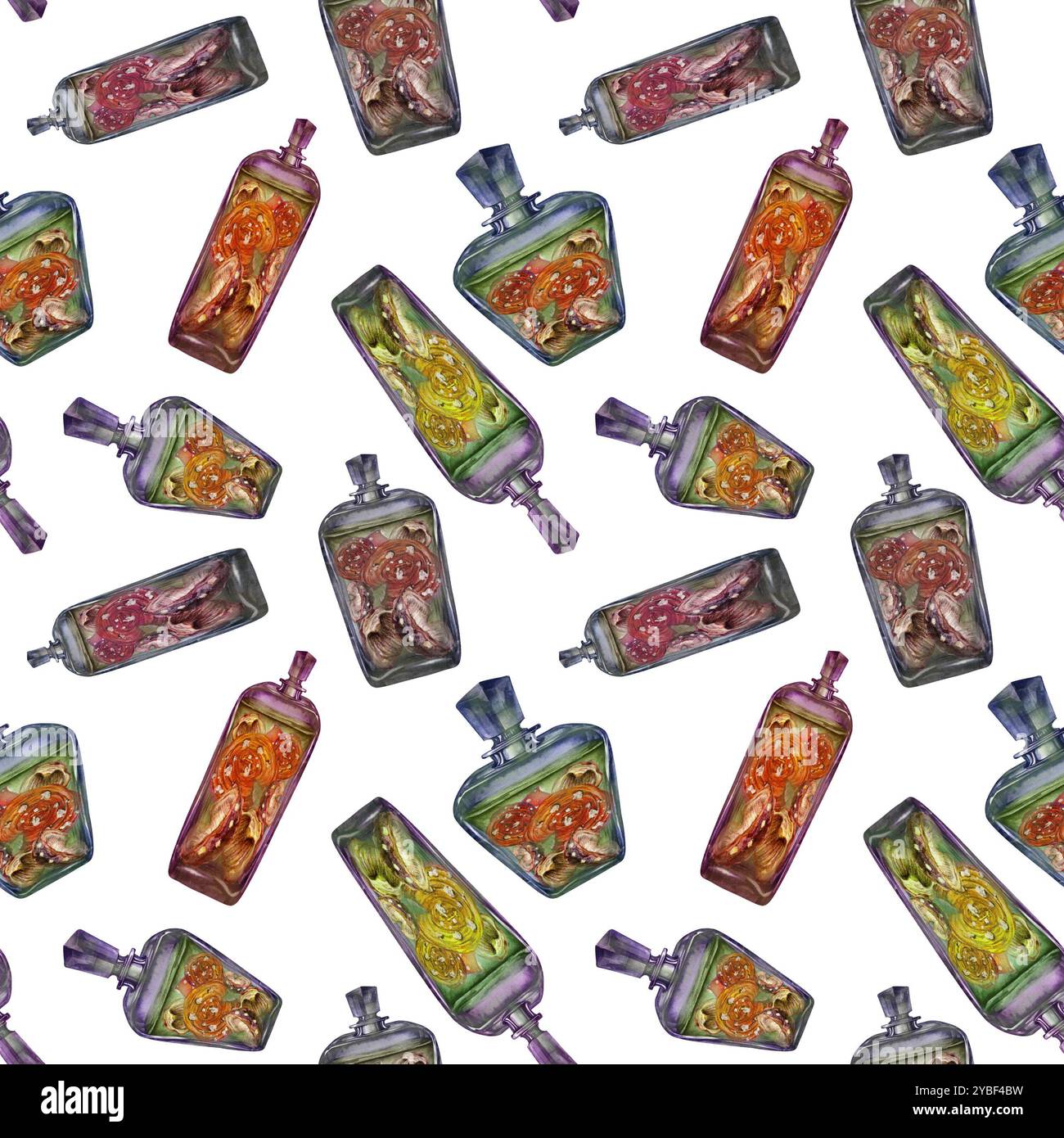 Modèle sans couture d'une bouteille vintage en verre avec une boisson et des champignons agariques toxiques à la mouche. Modèle d'illustration d'aquarelle pour potion magique, boissons, Banque D'Images