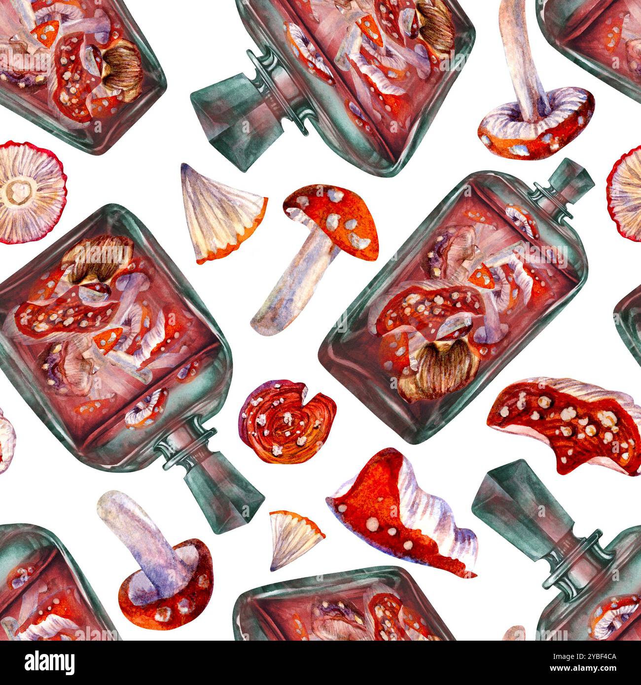 Modèle sans couture d'une bouteille vintage en verre avec une boisson et des champignons agariques toxiques à la mouche. Modèle d'illustration d'aquarelle pour potion magique, boissons, Banque D'Images