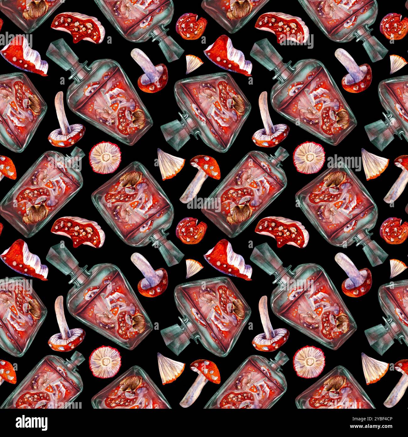 Modèle sans couture d'une bouteille vintage en verre avec une boisson et des champignons agariques toxiques à la mouche. Modèle d'illustration d'aquarelle pour potion magique, boissons, Banque D'Images