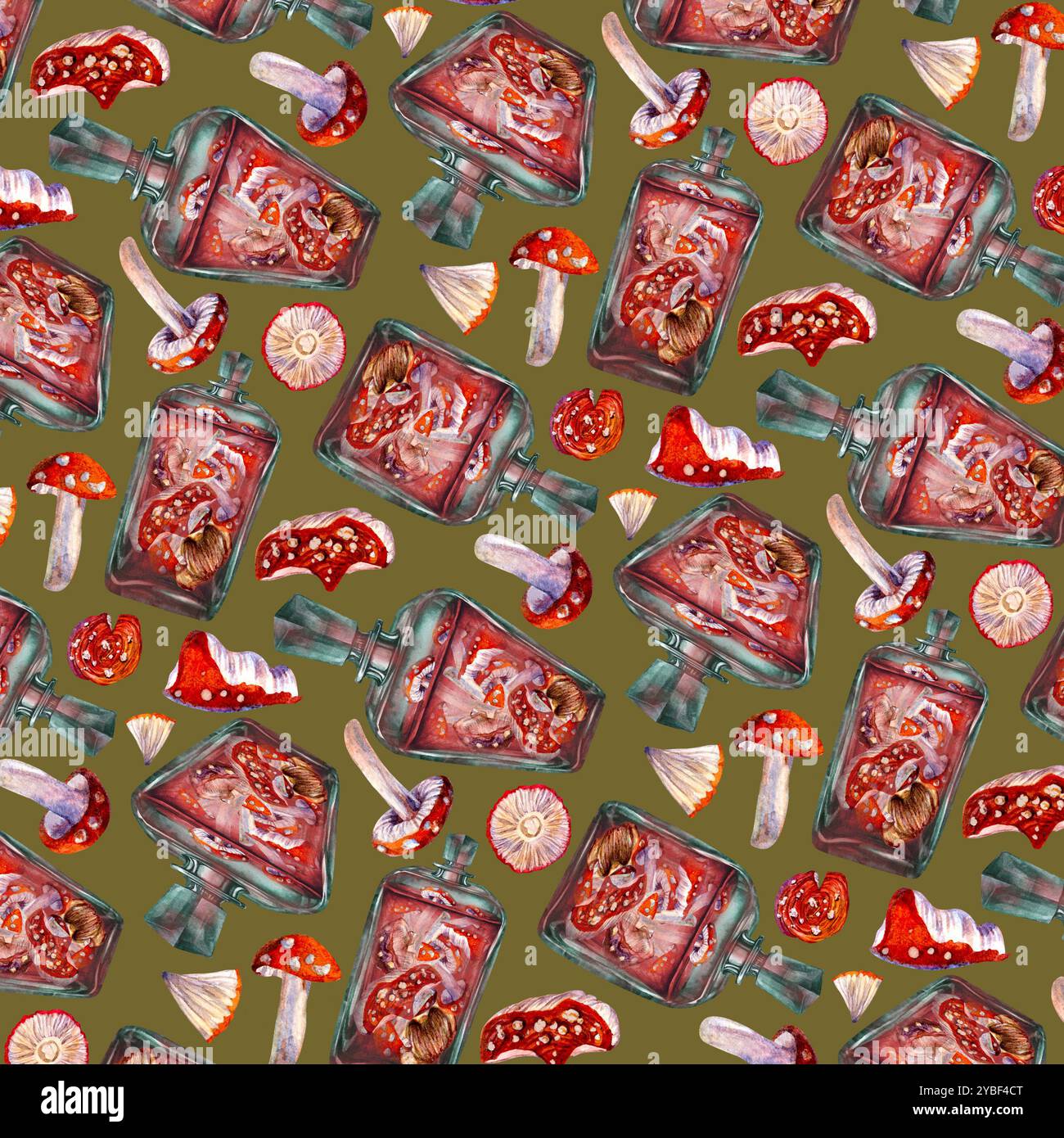 Modèle sans couture d'une bouteille vintage en verre avec une boisson et des champignons agariques toxiques à la mouche. Modèle d'illustration d'aquarelle pour potion magique, boissons, Banque D'Images