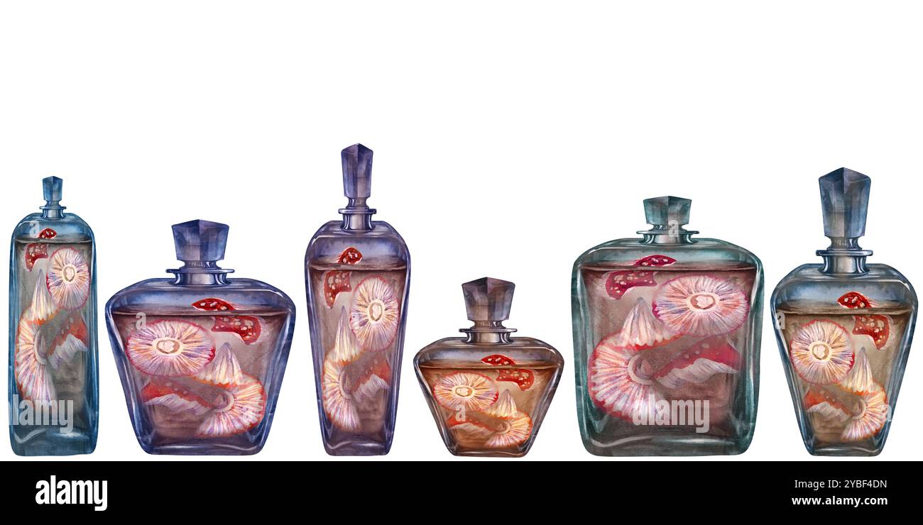 Bordure sans couture de bouteille vintage en verre avec des agarics de mouche de champignons liquides et toxiques. Modèle d'illustration d'aquarelle pour potion magique, alchimie, H. Banque D'Images