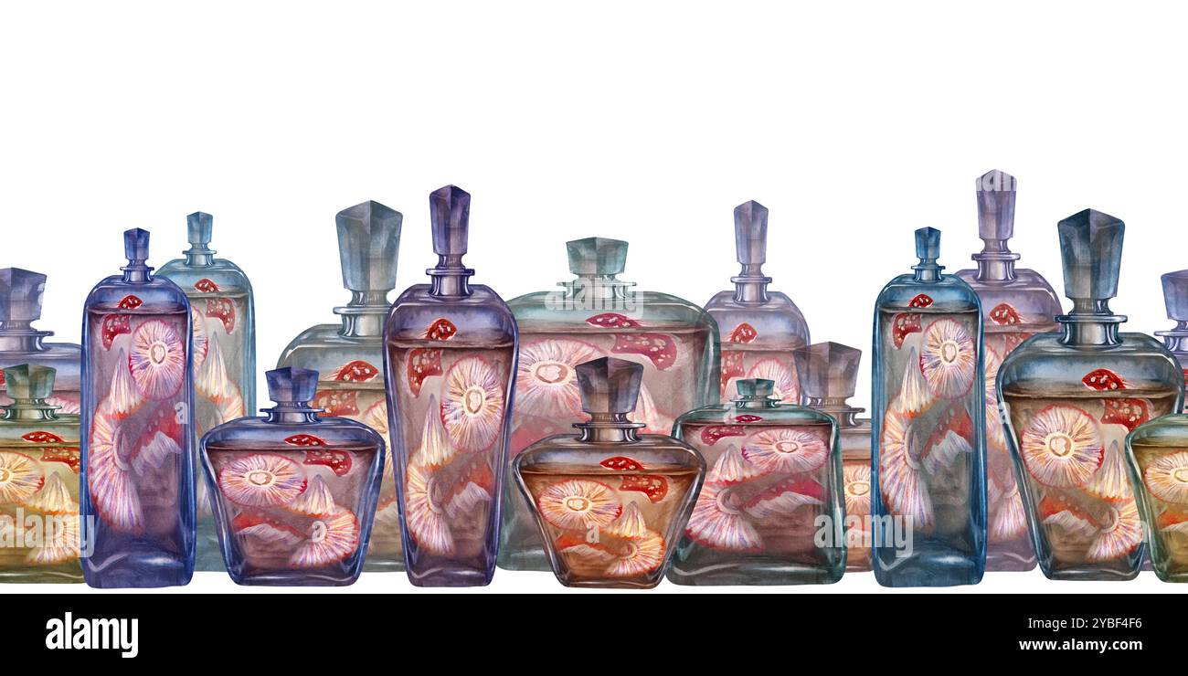 Bordure sans couture de bouteille vintage en verre avec des agarics de mouche de champignons liquides et toxiques. Modèle d'illustration d'aquarelle pour potion magique, alchimie, H. Banque D'Images