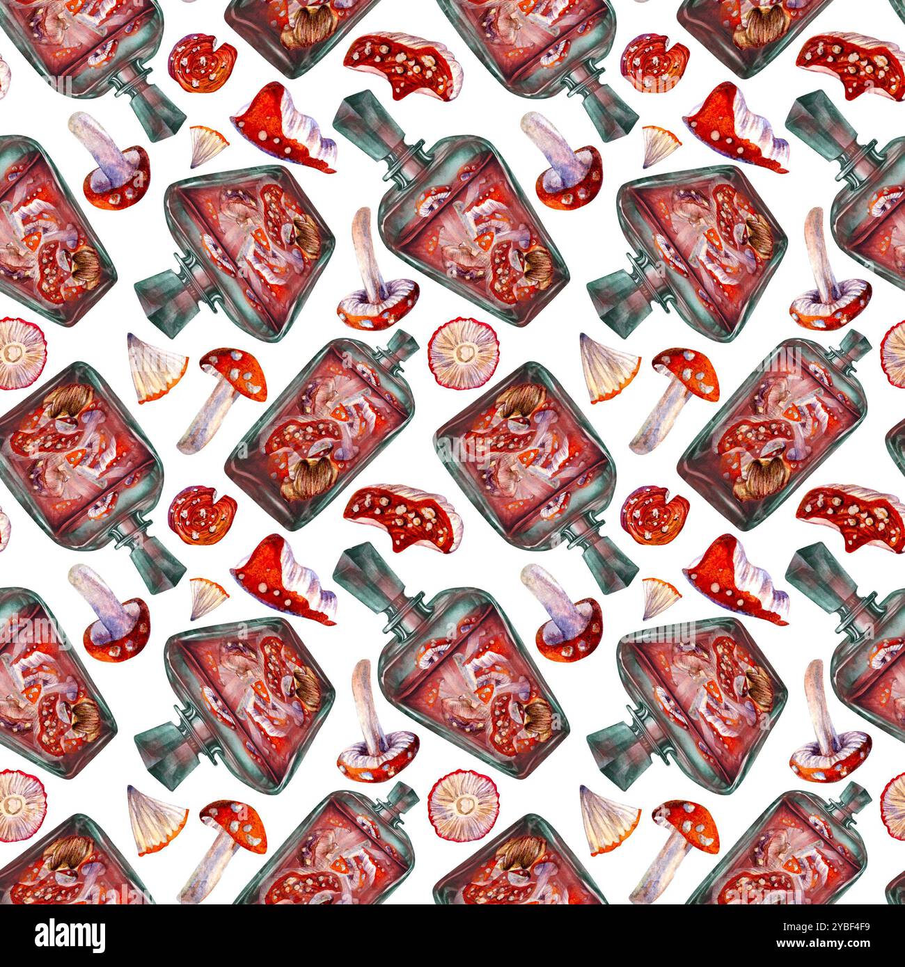 Modèle sans couture d'une bouteille vintage en verre avec une boisson et des champignons agariques toxiques à la mouche. Modèle d'illustration d'aquarelle pour potion magique, boissons, Banque D'Images