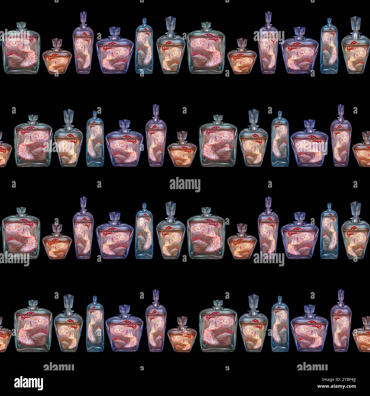 Modèle sans couture d'une bouteille vintage en verre avec une boisson et des champignons agariques toxiques à la mouche. Modèle d'illustration d'aquarelle pour potion magique, boissons, Banque D'Images