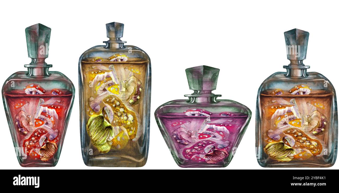 Bordure sans couture de bouteille vintage en verre avec des agarics de mouche de champignons liquides et toxiques. Modèle d'illustration d'aquarelle pour potion magique, alchimie, H. Banque D'Images