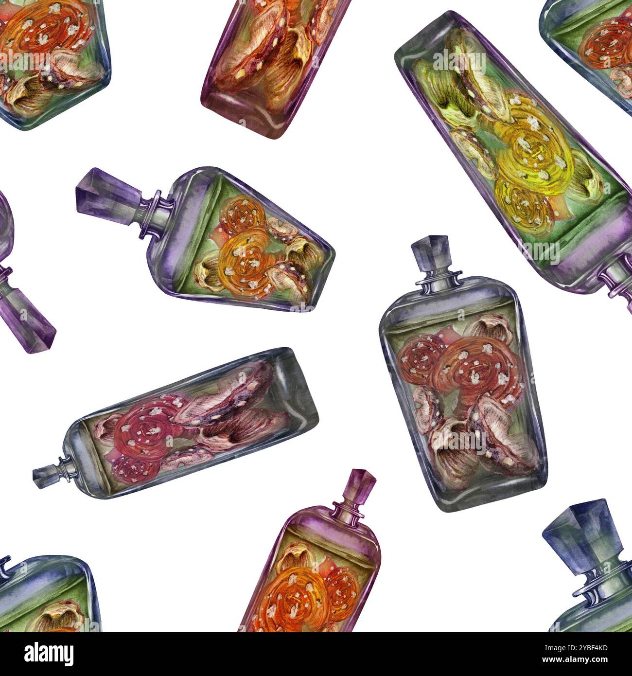 Modèle sans couture d'une bouteille vintage en verre avec une boisson et des champignons agariques toxiques à la mouche. Modèle d'illustration d'aquarelle pour potion magique, boissons, Banque D'Images