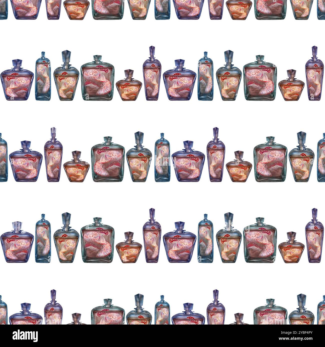 Modèle sans couture d'une bouteille vintage en verre avec une boisson et des champignons agariques toxiques à la mouche. Modèle d'illustration d'aquarelle pour potion magique, boissons, Banque D'Images