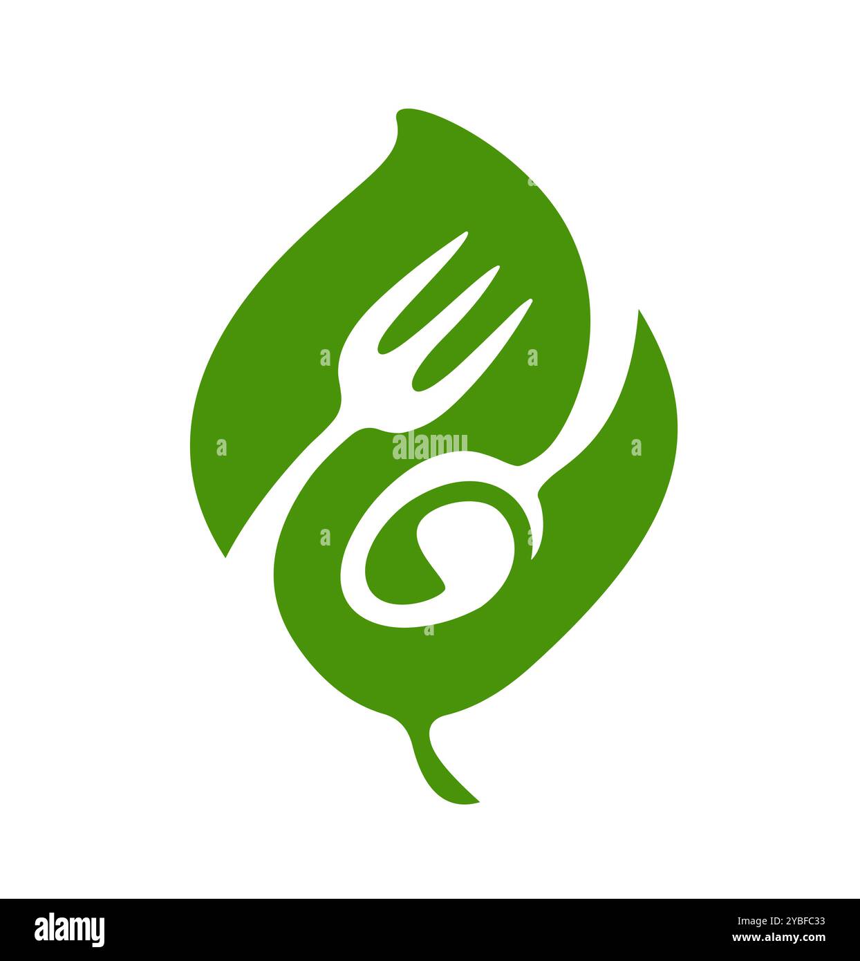 Logo de fourchette, cuillère et feuille. Emblème de produit biologique végétalien. Symbole de la nourriture saine des restaurants Illustration de Vecteur