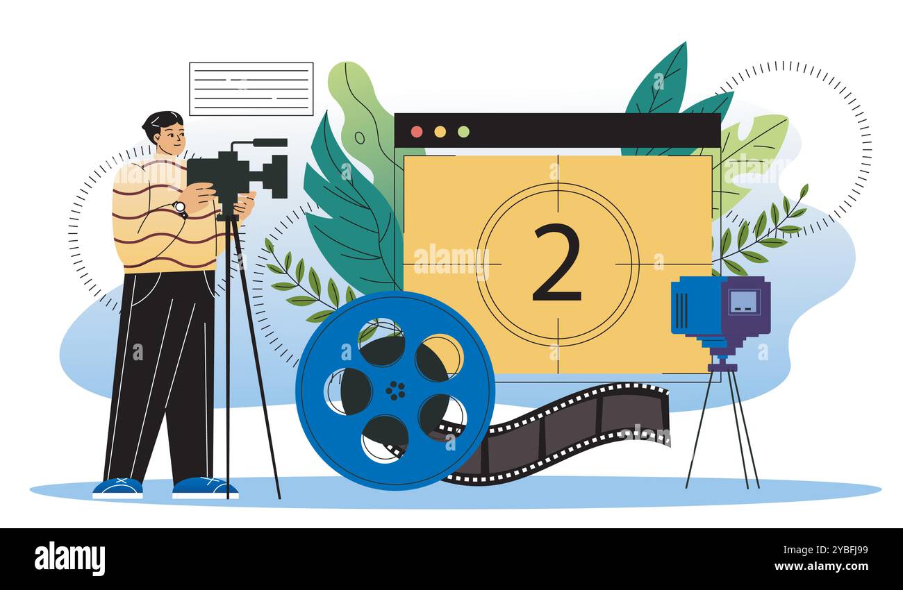Caméraman de production vidéo. Homme avec caméra près de la bobine de bande de film. Production de films et de séries télévisées. Cinéma et cinématographie. Vecteur plat Illustration de Vecteur