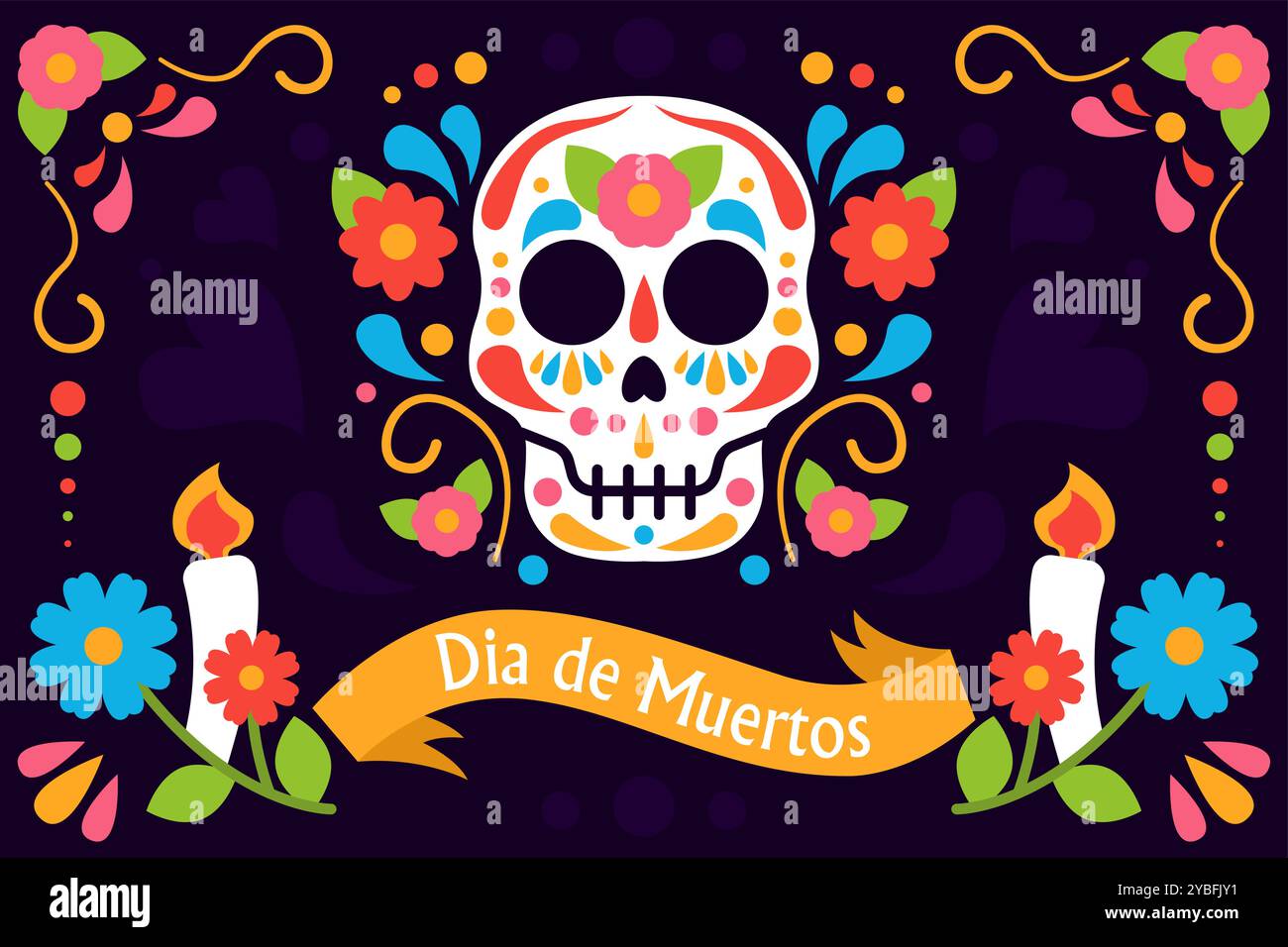 Affiche de dia de muertos. Fête et festival mexicains traditionnels. Crâne avec des fleurs colorées. Jour des morts. Motif décoratif et ornement. Plat Illustration de Vecteur