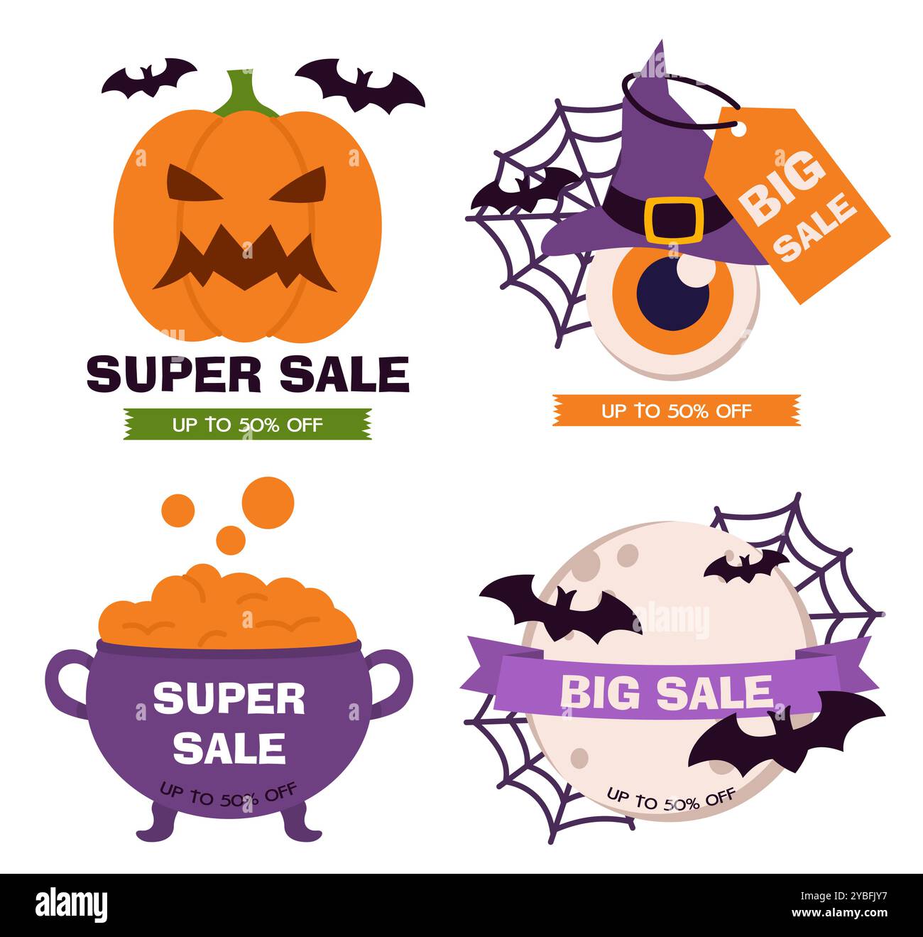 Remises pour Halloween. Citrouille avec chauves-souris, chapeau de sorcière avec oeil, chaudron de potion et chauves-souris près de la lune. Ventes et promotions. Commerce et marketing Illustration de Vecteur