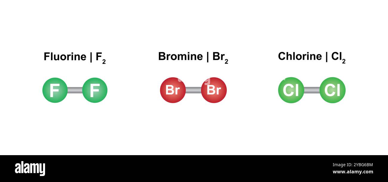 Structures de fluor, brome et chlore, illustration. Banque D'Images