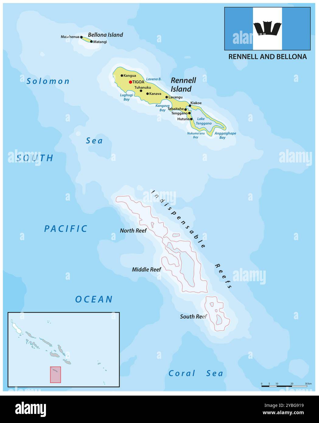 Carte des îles Rennell et Bellona, Îles Salomon Banque D'Images