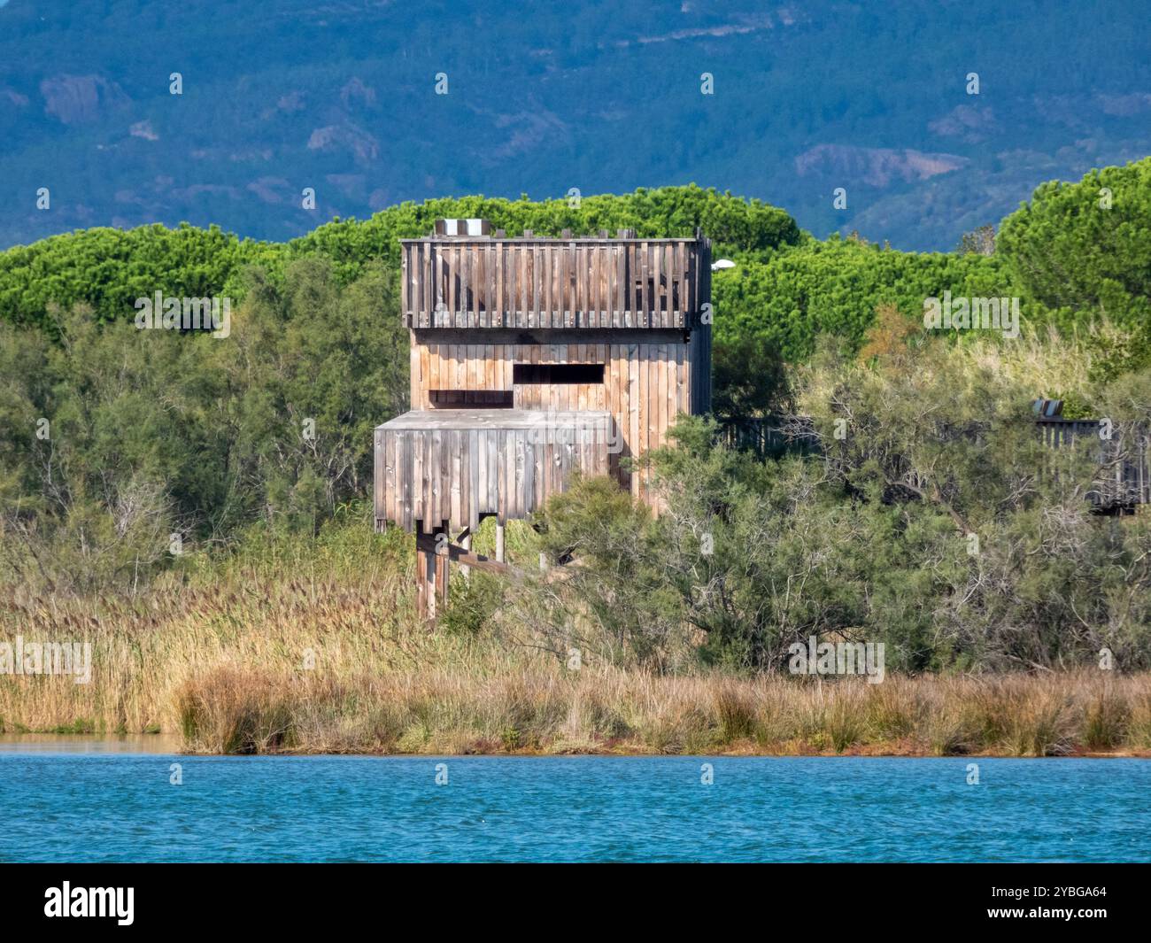 Observatoire des oiseaux wodden dans la réserve naturelle de Villepey Pond, à Fréjus, en France, en Europe, en Provence, côte d'Azur. Banque D'Images