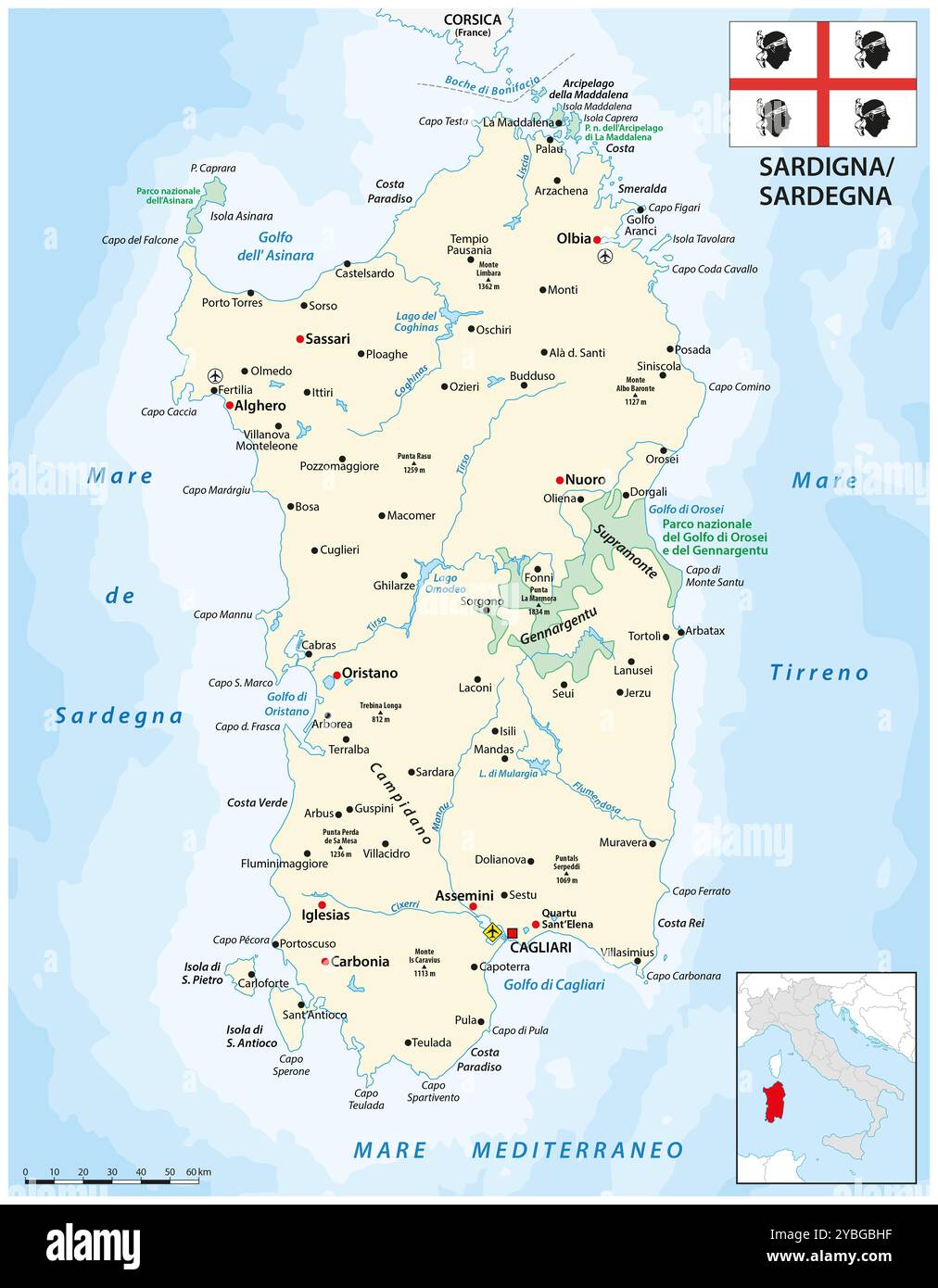 Carte de l'île méditerranéenne italienne Sardaigne avec drapeau Banque D'Images