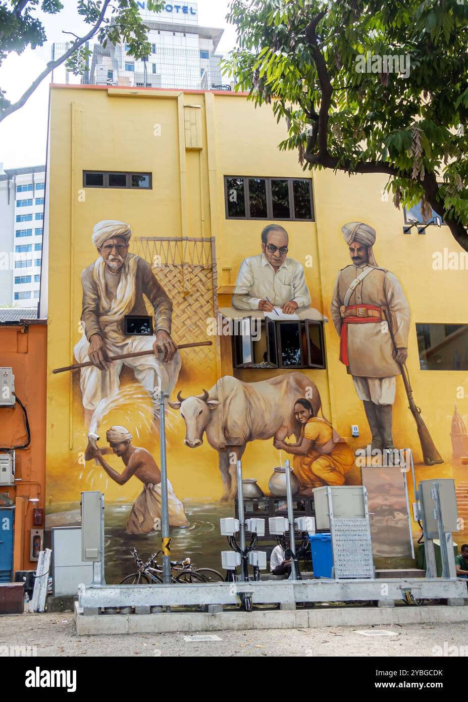 Peintures murales carrées du Bengale représentant des scènes de la vie de la communauté indienne, Little India, Singapour Banque D'Images