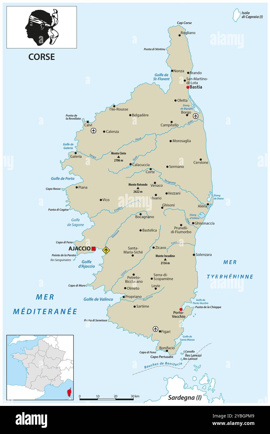Carte de l'île méditerranéenne française corse avec drapeau Banque D'Images