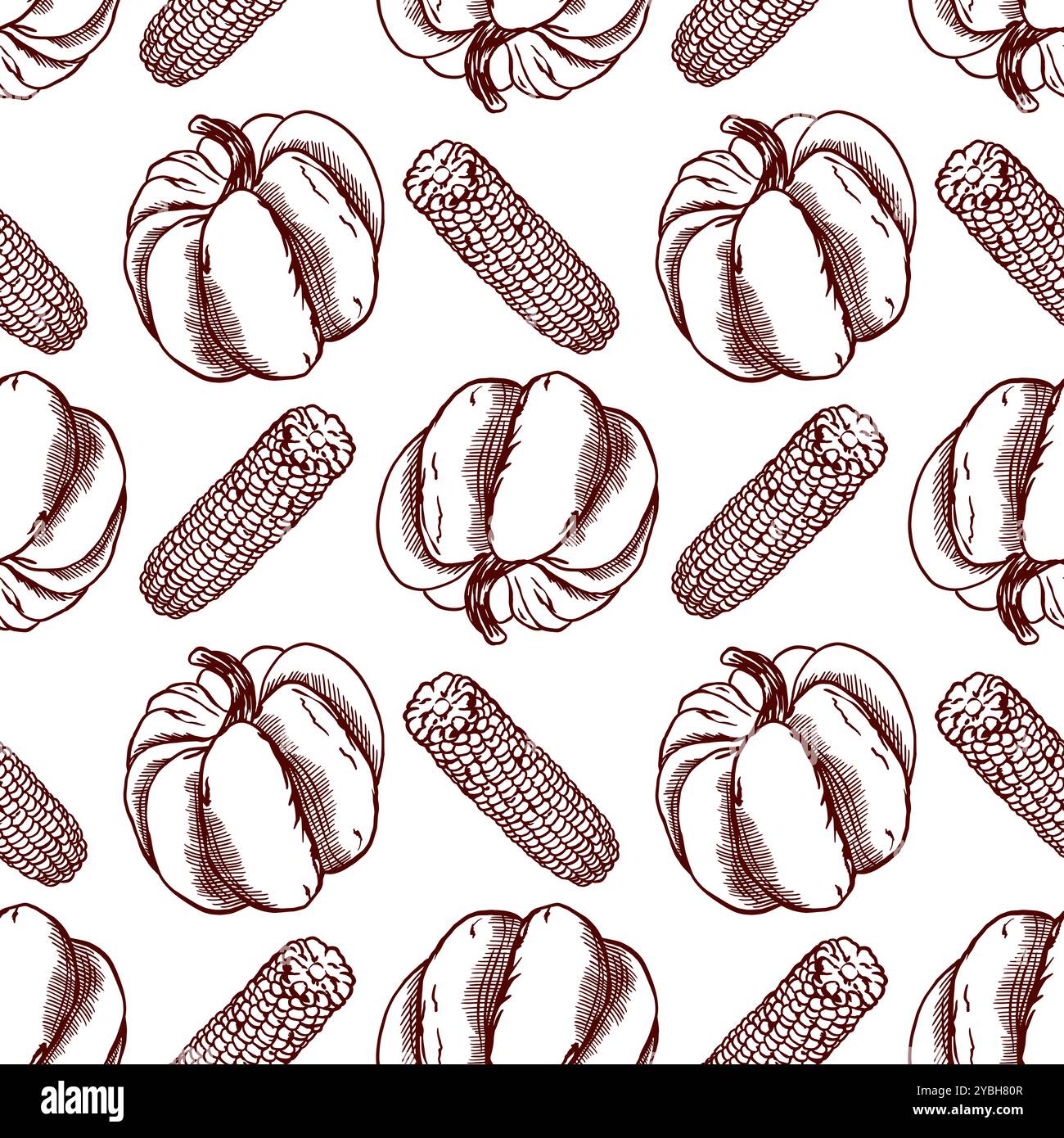 Motif sans couture de citrouille et de maïs. Illustration vectorielle dans le style graphique. Pour envelopper le papier, textile, papier peint, tissu, couvertures, cartes et étiquettes. Illustration de Vecteur